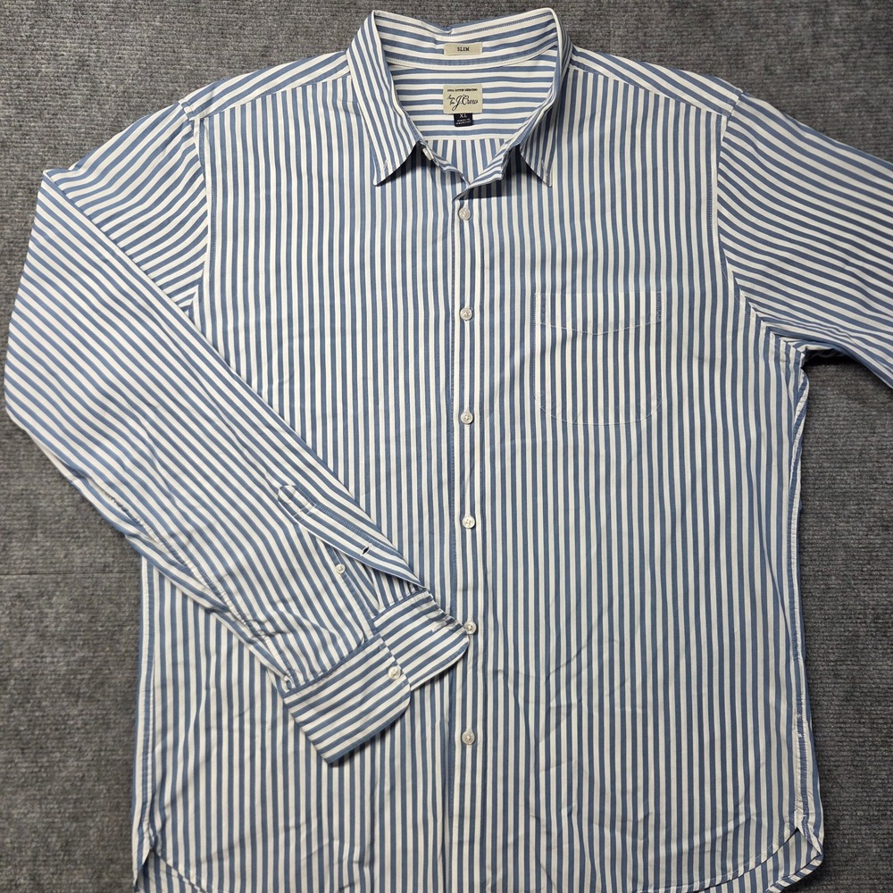 J.Crew Mens XL Slim Fit Blue White Striped Cotton Button Down Shirt Long Sleeve